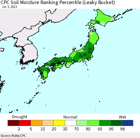 Japan CPC Soil Moisture Ranking Percentile (Leaky Bucket) Thematic Map For 7/1/2023 - 7/5/2023