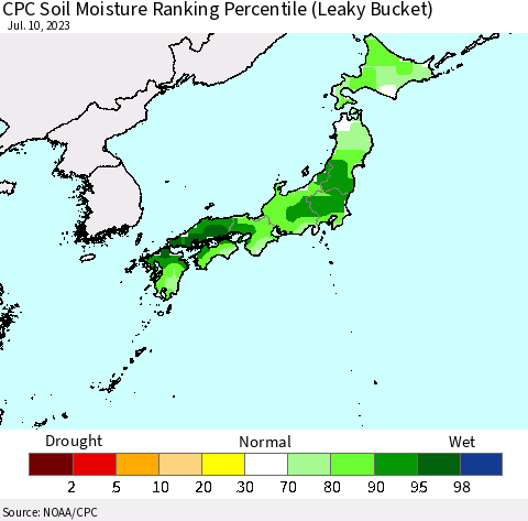 Japan CPC Soil Moisture Ranking Percentile (Leaky Bucket) Thematic Map For 7/6/2023 - 7/10/2023