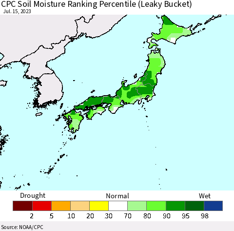 Japan CPC Soil Moisture Ranking Percentile (Leaky Bucket) Thematic Map For 7/11/2023 - 7/15/2023