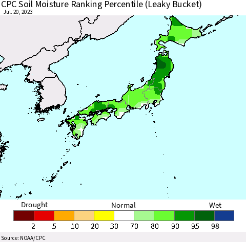 Japan CPC Soil Moisture Ranking Percentile (Leaky Bucket) Thematic Map For 7/16/2023 - 7/20/2023