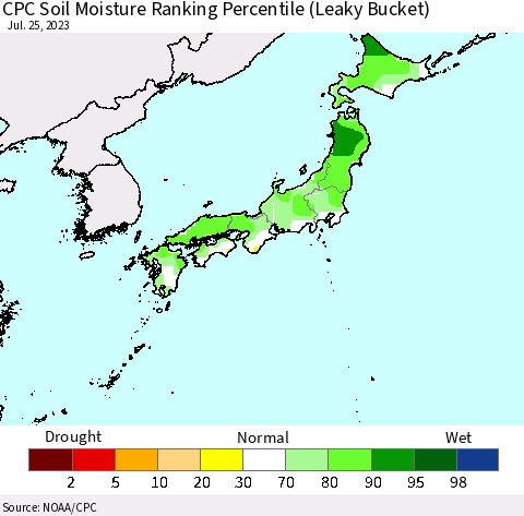 Japan CPC Soil Moisture Ranking Percentile (Leaky Bucket) Thematic Map For 7/21/2023 - 7/25/2023