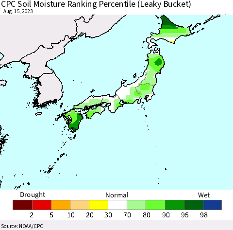 Japan CPC Soil Moisture Ranking Percentile (Leaky Bucket) Thematic Map For 8/11/2023 - 8/15/2023