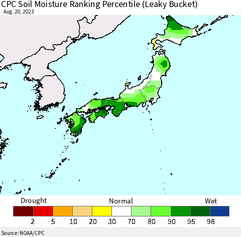 Japan CPC Soil Moisture Ranking Percentile (Leaky Bucket) Thematic Map For 8/16/2023 - 8/20/2023