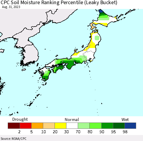 Japan CPC Soil Moisture Ranking Percentile (Leaky Bucket) Thematic Map For 8/26/2023 - 8/31/2023