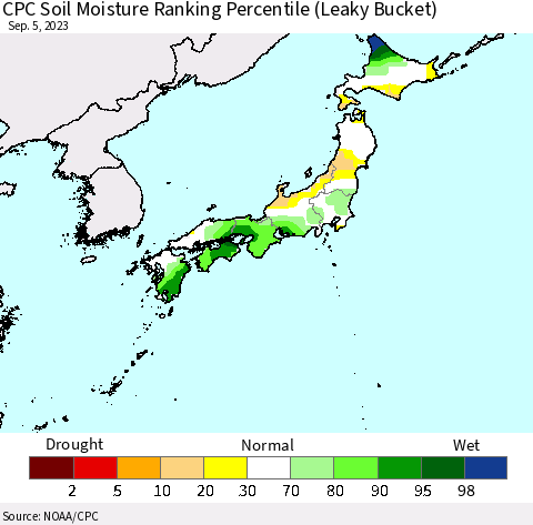 Japan CPC Soil Moisture Ranking Percentile (Leaky Bucket) Thematic Map For 9/1/2023 - 9/5/2023