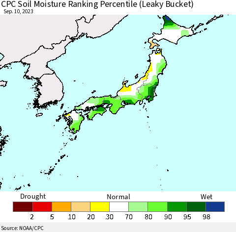 Japan CPC Soil Moisture Ranking Percentile (Leaky Bucket) Thematic Map For 9/6/2023 - 9/10/2023
