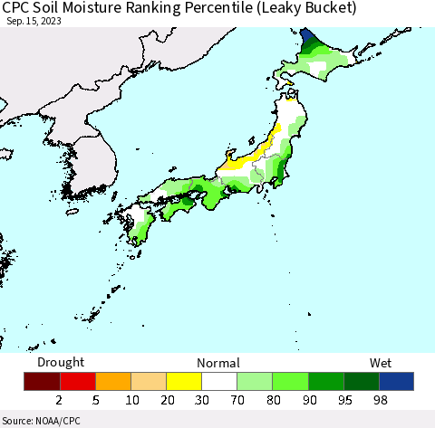 Japan CPC Soil Moisture Ranking Percentile (Leaky Bucket) Thematic Map For 9/11/2023 - 9/15/2023