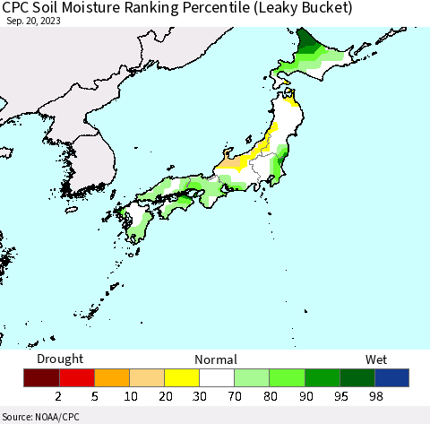 Japan CPC Soil Moisture Ranking Percentile (Leaky Bucket) Thematic Map For 9/16/2023 - 9/20/2023