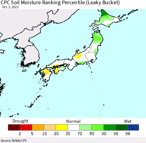Japan CPC Soil Moisture Ranking Percentile (Leaky Bucket) Thematic Map For 10/1/2023 - 10/5/2023