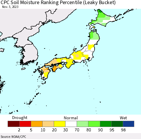 Japan CPC Soil Moisture Ranking Percentile (Leaky Bucket) Thematic Map For 11/1/2023 - 11/5/2023