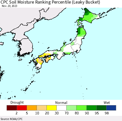 Japan CPC Soil Moisture Ranking Percentile (Leaky Bucket) Thematic Map For 11/16/2023 - 11/20/2023