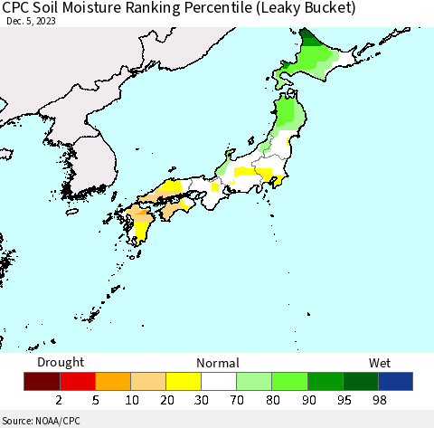 Japan CPC Soil Moisture Ranking Percentile (Leaky Bucket) Thematic Map For 12/1/2023 - 12/5/2023