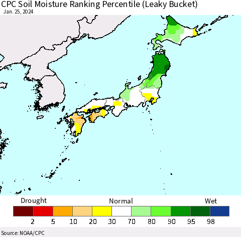 Japan CPC Soil Moisture Ranking Percentile (Leaky Bucket) Thematic Map For 1/21/2024 - 1/25/2024