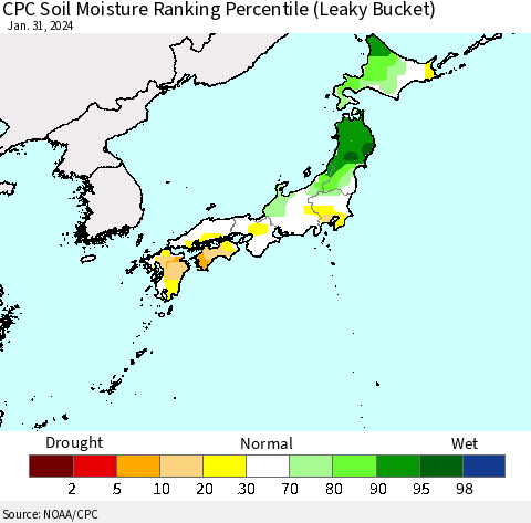 Japan CPC Soil Moisture Ranking Percentile (Leaky Bucket) Thematic Map For 1/26/2024 - 1/31/2024