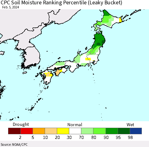 Japan CPC Soil Moisture Ranking Percentile (Leaky Bucket) Thematic Map For 2/1/2024 - 2/5/2024