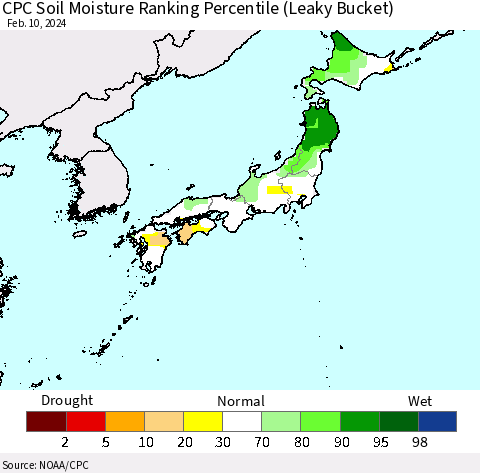 Japan CPC Soil Moisture Ranking Percentile (Leaky Bucket) Thematic Map For 2/6/2024 - 2/10/2024