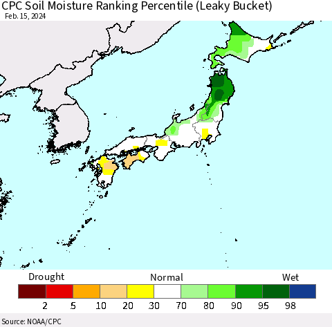 Japan CPC Soil Moisture Ranking Percentile (Leaky Bucket) Thematic Map For 2/11/2024 - 2/15/2024