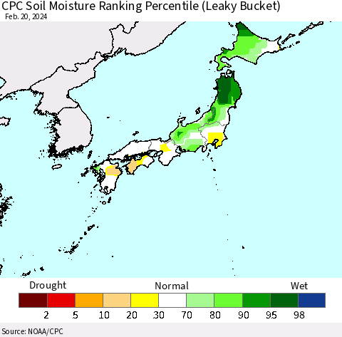 Japan CPC Soil Moisture Ranking Percentile (Leaky Bucket) Thematic Map For 2/16/2024 - 2/20/2024