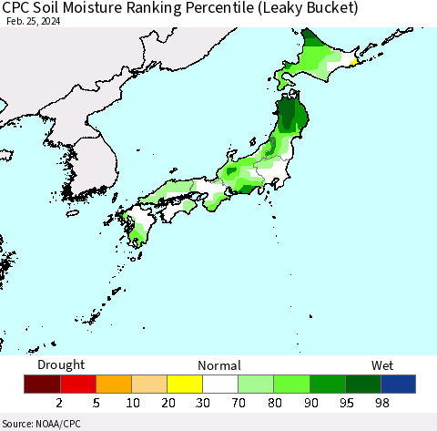 Japan CPC Soil Moisture Ranking Percentile (Leaky Bucket) Thematic Map For 2/21/2024 - 2/25/2024