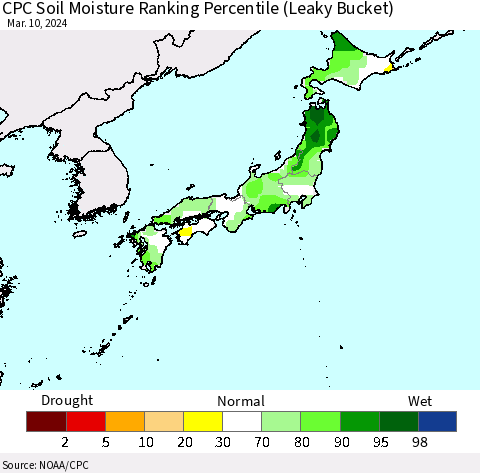 Japan CPC Soil Moisture Ranking Percentile (Leaky Bucket) Thematic Map For 3/6/2024 - 3/10/2024