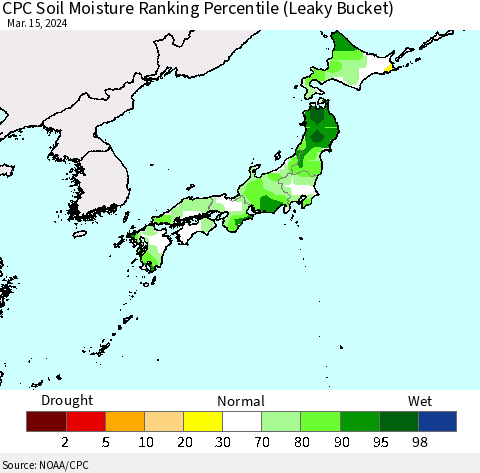 Japan CPC Soil Moisture Ranking Percentile (Leaky Bucket) Thematic Map For 3/11/2024 - 3/15/2024