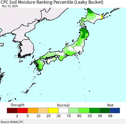 Japan CPC Soil Moisture Ranking Percentile (Leaky Bucket) Thematic Map For 3/21/2024 - 3/25/2024