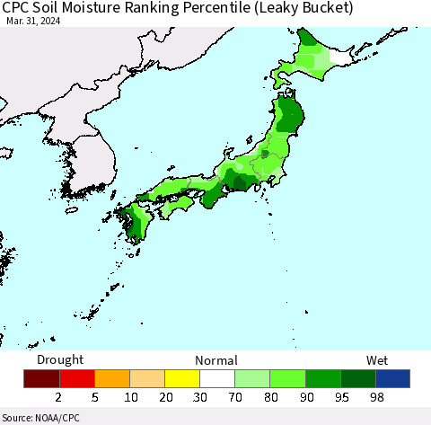 Japan CPC Soil Moisture Ranking Percentile (Leaky Bucket) Thematic Map For 3/26/2024 - 3/31/2024