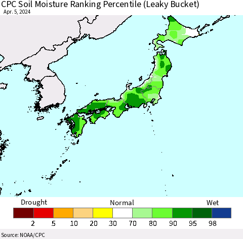 Japan CPC Soil Moisture Ranking Percentile (Leaky Bucket) Thematic Map For 4/1/2024 - 4/5/2024