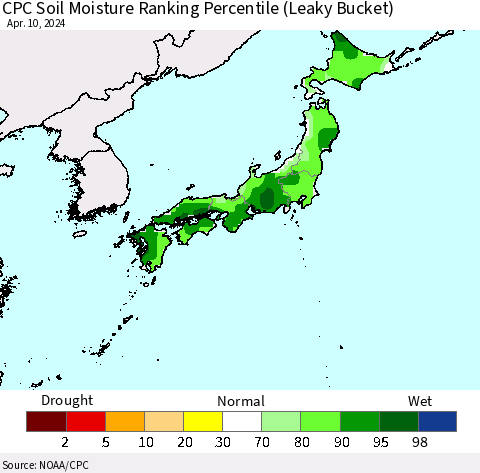 Japan CPC Soil Moisture Ranking Percentile (Leaky Bucket) Thematic Map For 4/6/2024 - 4/10/2024