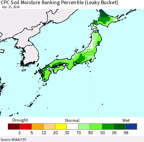 Japan CPC Soil Moisture Ranking Percentile (Leaky Bucket) Thematic Map For 4/11/2024 - 4/15/2024