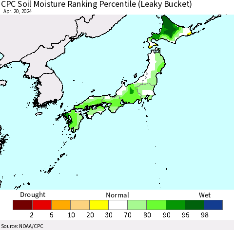 Japan CPC Soil Moisture Ranking Percentile (Leaky Bucket) Thematic Map For 4/16/2024 - 4/20/2024