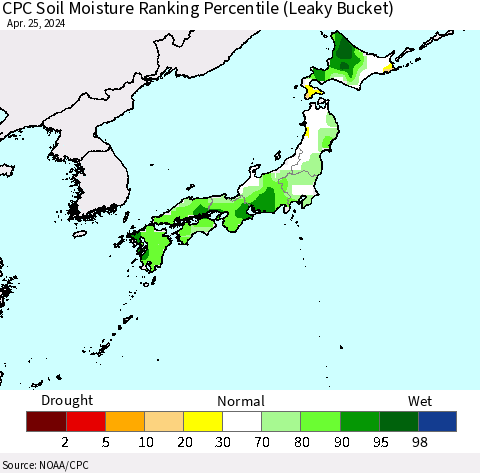 Japan CPC Soil Moisture Ranking Percentile (Leaky Bucket) Thematic Map For 4/21/2024 - 4/25/2024