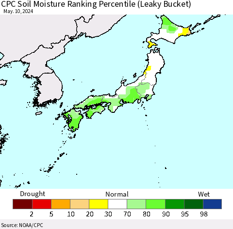 Japan CPC Soil Moisture Ranking Percentile (Leaky Bucket) Thematic Map For 5/6/2024 - 5/10/2024