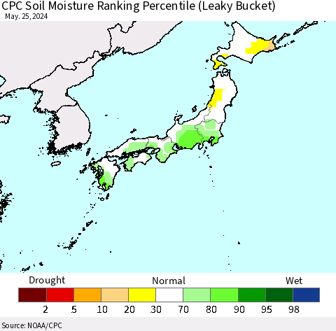Japan CPC Soil Moisture Ranking Percentile (Leaky Bucket) Thematic Map For 5/21/2024 - 5/25/2024