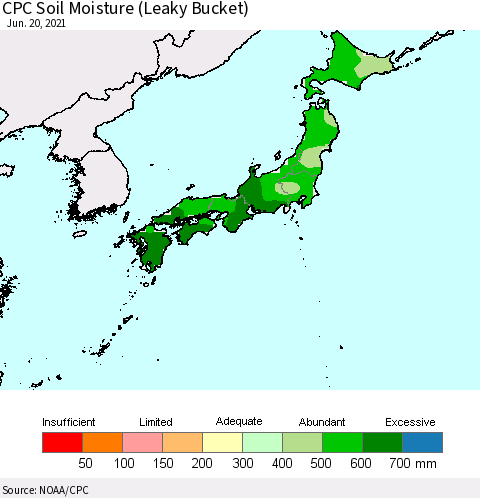 Japan CPC Soil Moisture (Leaky Bucket) Thematic Map For 6/16/2021 - 6/20/2021