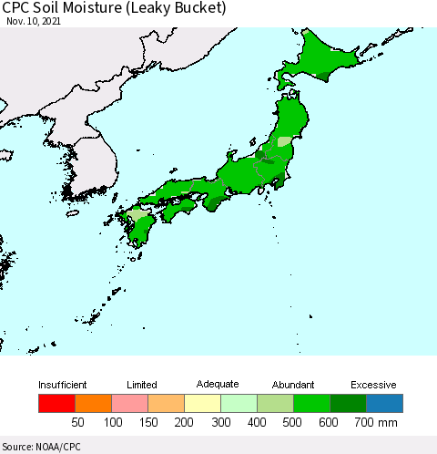 Japan CPC Soil Moisture (Leaky Bucket) Thematic Map For 11/6/2021 - 11/10/2021