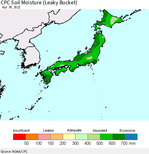 Japan CPC Soil Moisture (Leaky Bucket) Thematic Map For 4/26/2022 - 4/30/2022