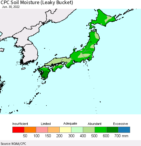 Japan CPC Soil Moisture (Leaky Bucket) Thematic Map For 6/26/2022 - 6/30/2022