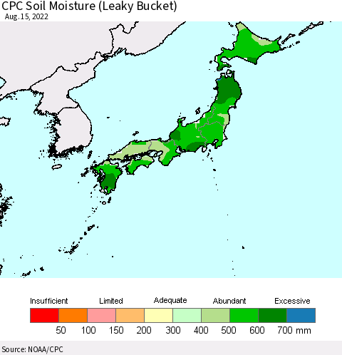 Japan CPC Soil Moisture (Leaky Bucket) Thematic Map For 8/11/2022 - 8/15/2022