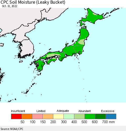 Japan CPC Soil Moisture (Leaky Bucket) Thematic Map For 10/26/2022 - 10/31/2022