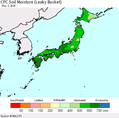 Japan CPC Soil Moisture (Leaky Bucket) Thematic Map For 5/1/2024 - 5/5/2024