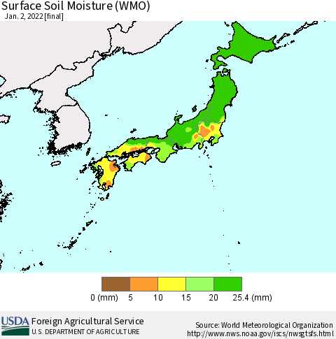 Japan Surface Soil Moisture (WMO) Thematic Map For 12/27/2021 - 1/2/2022