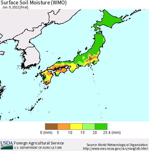 Japan Surface Soil Moisture (WMO) Thematic Map For 1/3/2022 - 1/9/2022