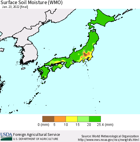 Japan Surface Soil Moisture (WMO) Thematic Map For 1/17/2022 - 1/23/2022