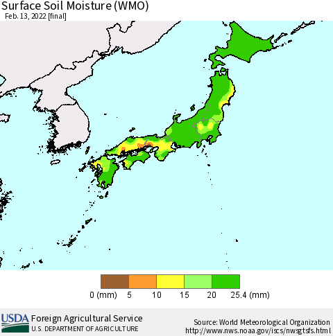 Japan Surface Soil Moisture (WMO) Thematic Map For 2/7/2022 - 2/13/2022