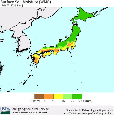 Japan Surface Soil Moisture (WMO) Thematic Map For 2/21/2022 - 2/27/2022