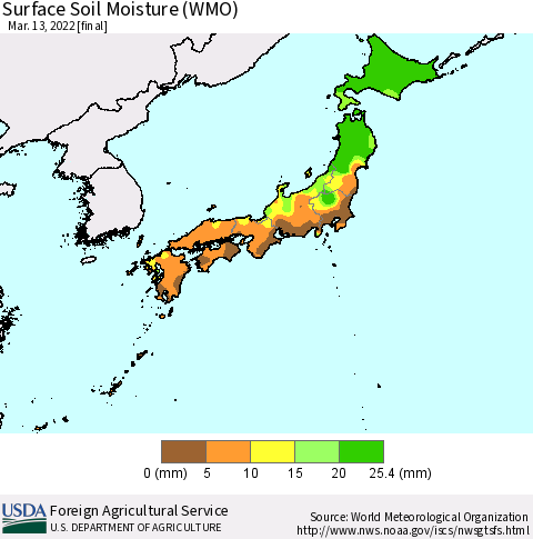 Japan Surface Soil Moisture (WMO) Thematic Map For 3/7/2022 - 3/13/2022