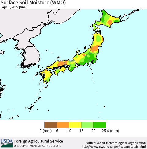 Japan Surface Soil Moisture (WMO) Thematic Map For 3/28/2022 - 4/3/2022
