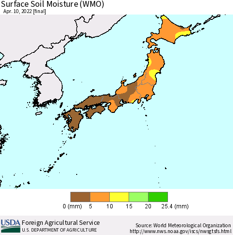 Japan Surface Soil Moisture (WMO) Thematic Map For 4/4/2022 - 4/10/2022