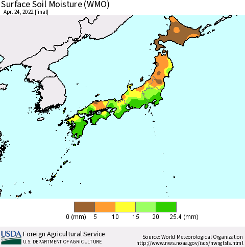 Japan Surface Soil Moisture (WMO) Thematic Map For 4/18/2022 - 4/24/2022